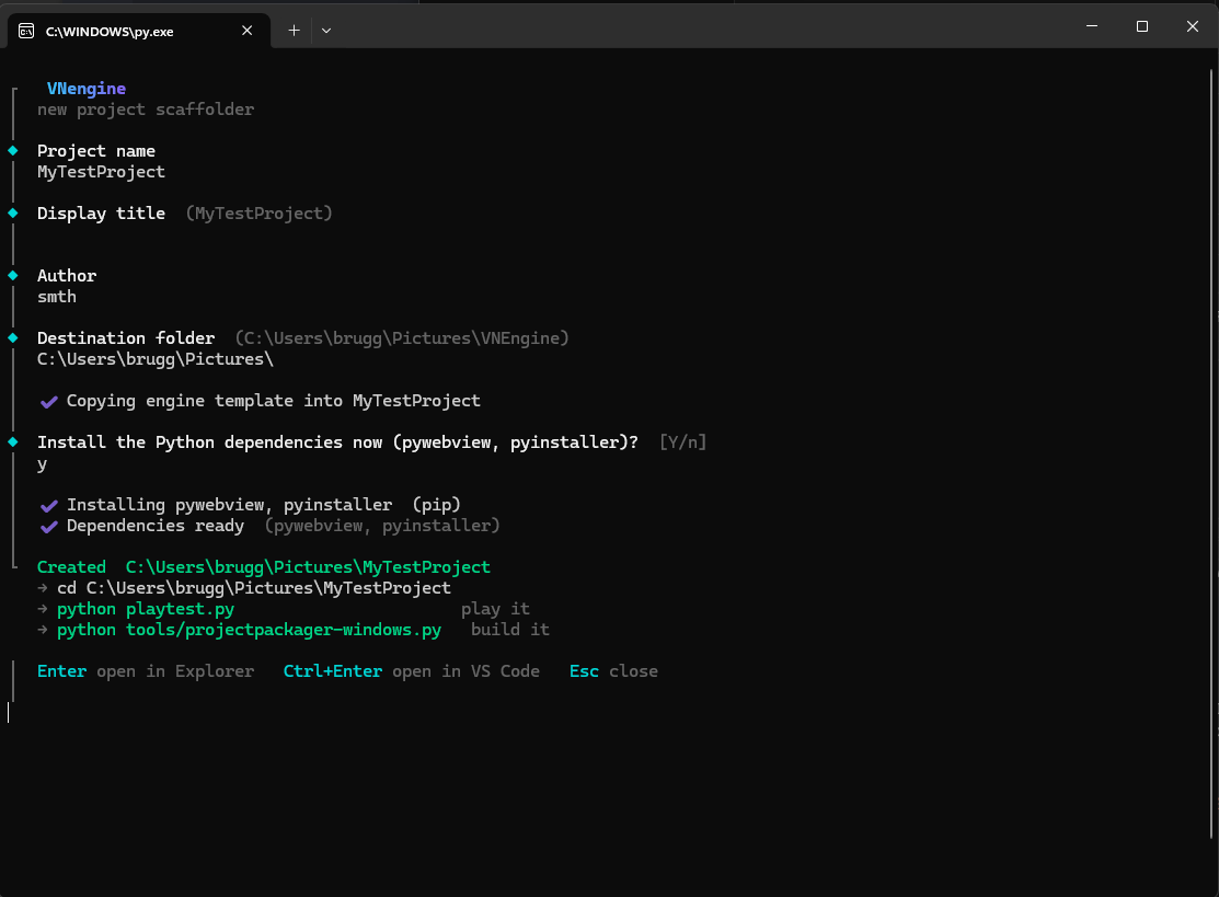 setup.py prompting for project name, title, author and destination folder in a terminal