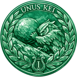 The Kei coin: an owl pushing a boulder uphill between two olive branches, reading UNUS KEI above a lyre marked with the Roman numeral one.