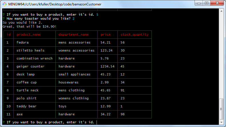 bamazonCustomer in action screenshot