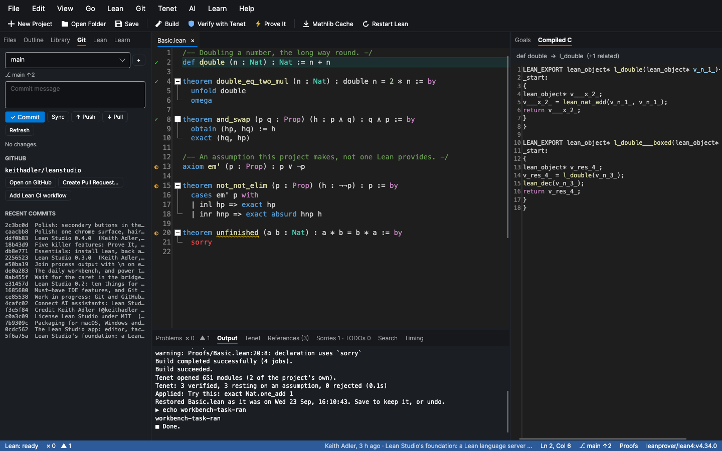 The Compiled C tab: the C function Lean emits for the definition at the cursor