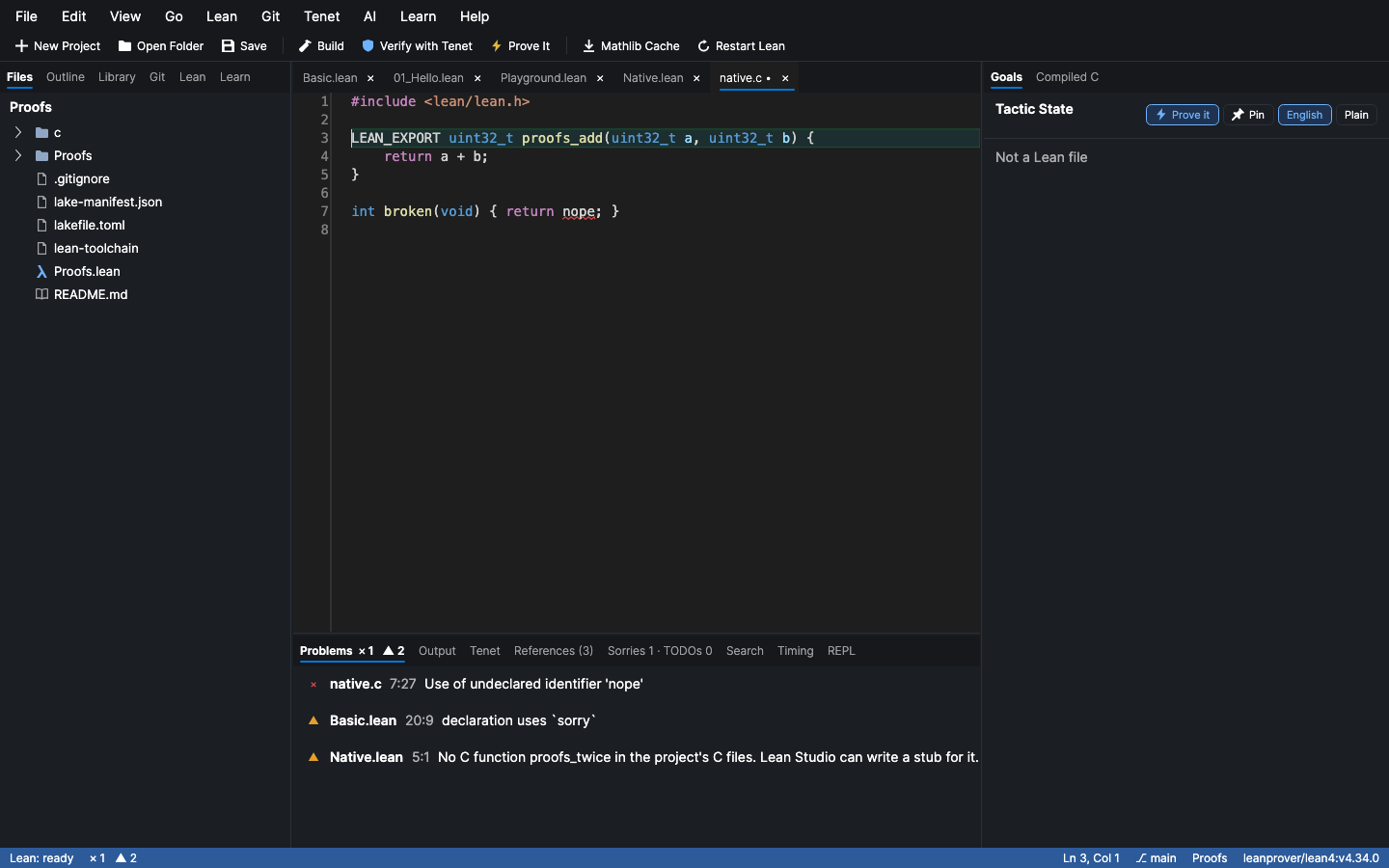 A C file checked by clangd, and a binding without its C function in Problems