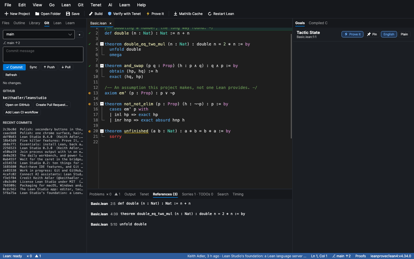 The Git panel: branch, changes, commit, push, and GitHub