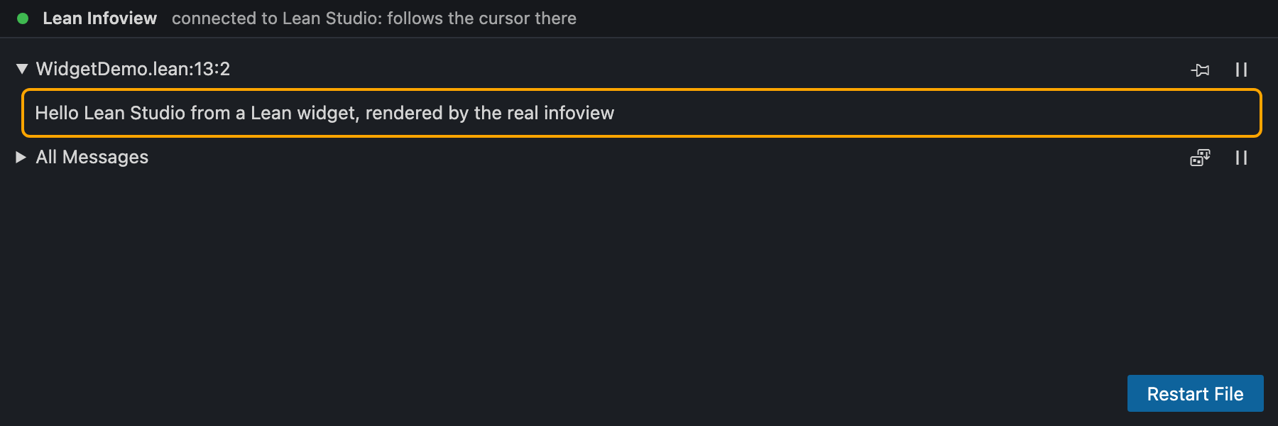 Lean's own infoview in the browser, rendering a user widget from a Lean file open in Lean Studio