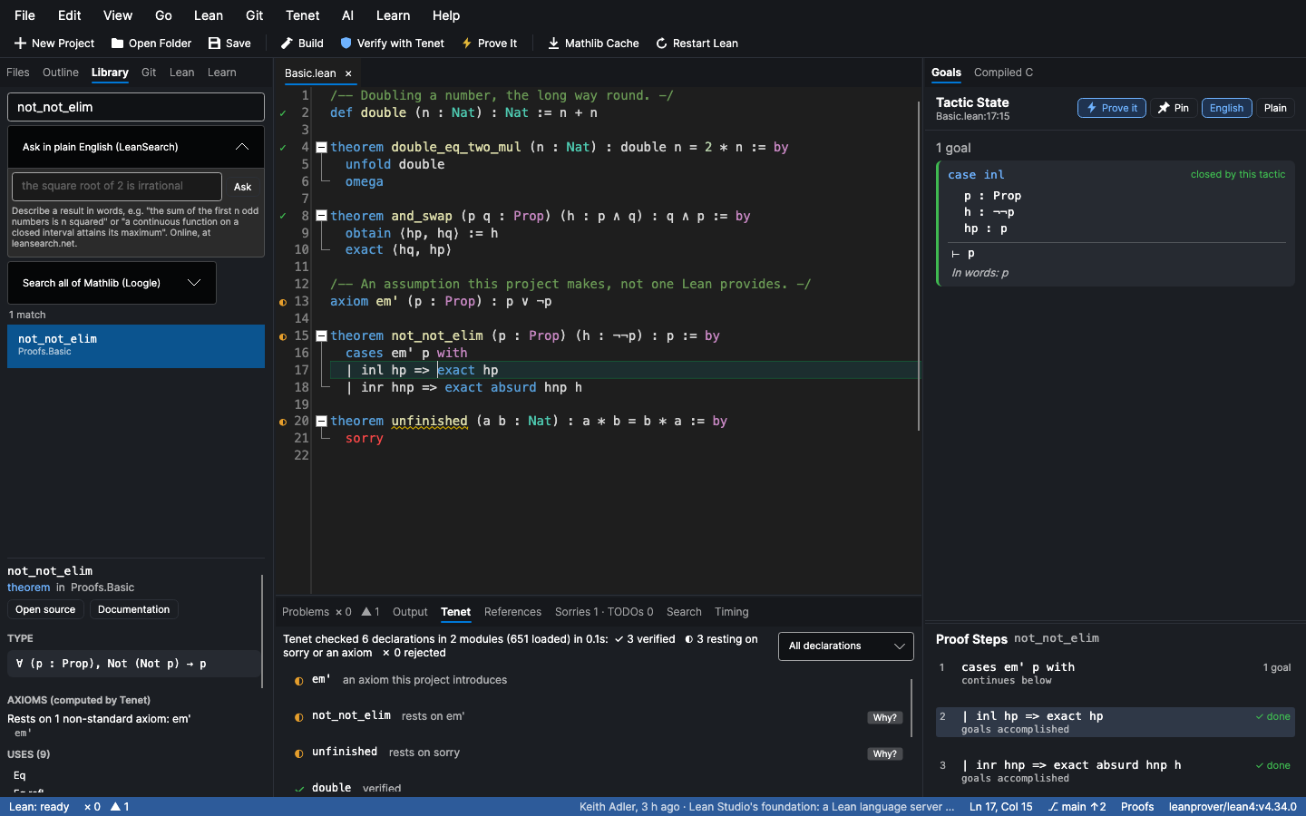 Searching declarations; statement, docs, axioms and dependencies of the selection