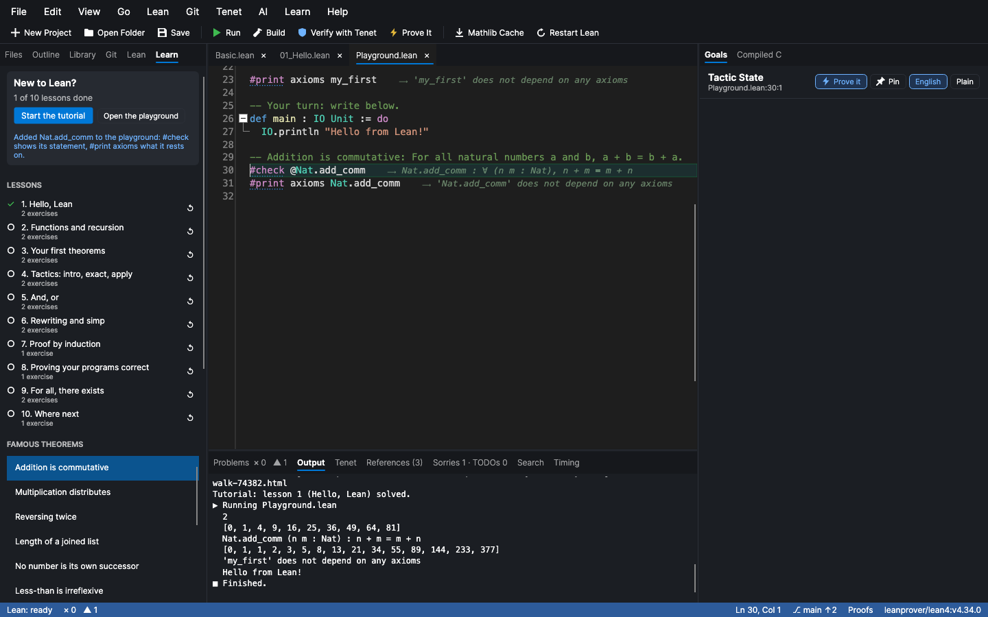 The playground: results at the end of each line, a program run, and a famous theorem added