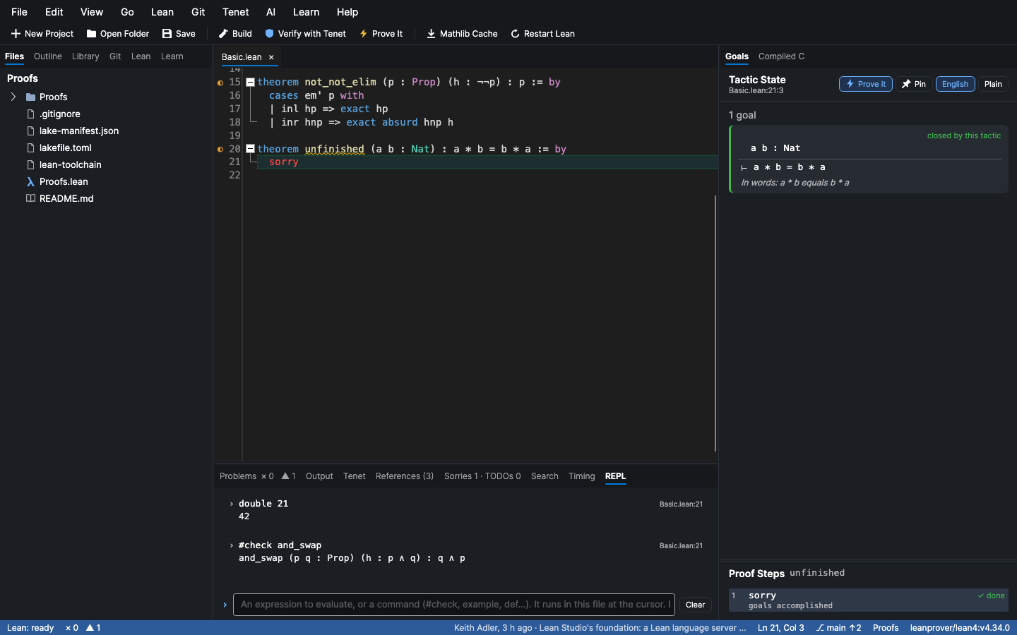 The REPL: double 21 is 42, and #check and_swap