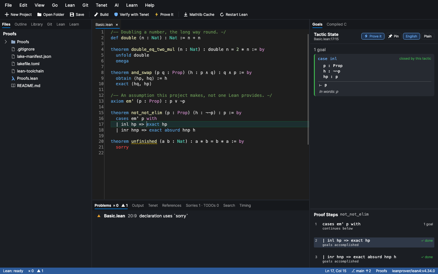Lean Studio: the editor, the tactic state with the hypotheses in scope, and the proof's steps