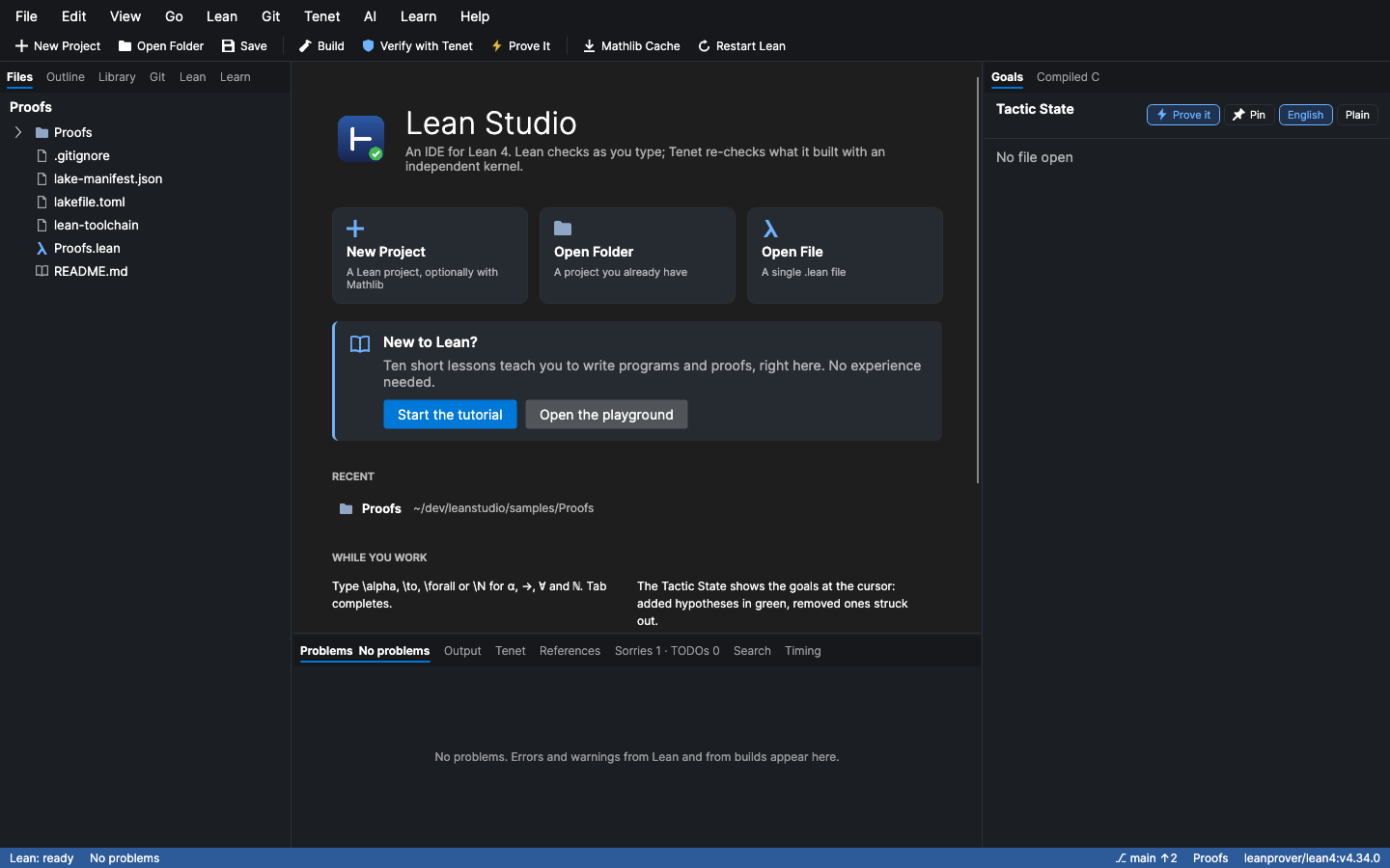 The welcome screen: new project, open a folder or file, the tutorial, and recent projects