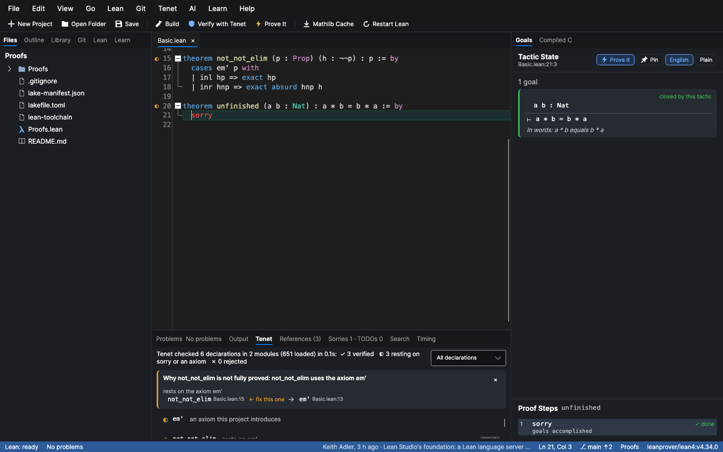 Why not_not_elim is not fully proved: it uses the axiom em'