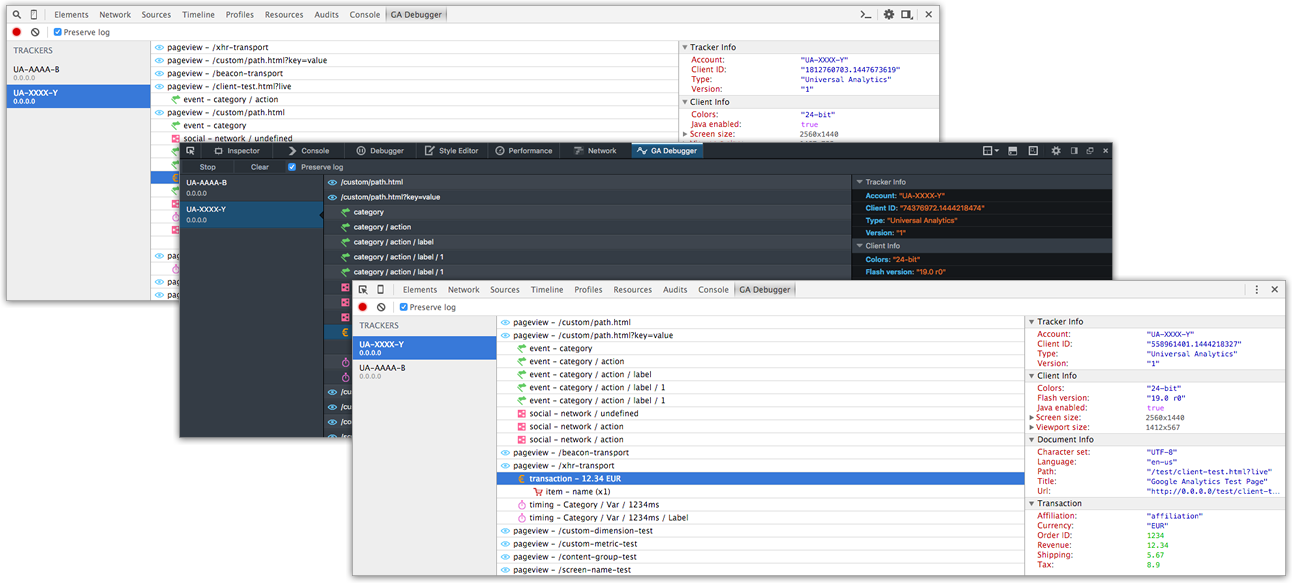 Google Analytics Debugger in Chrome (above) and Firefox (below)