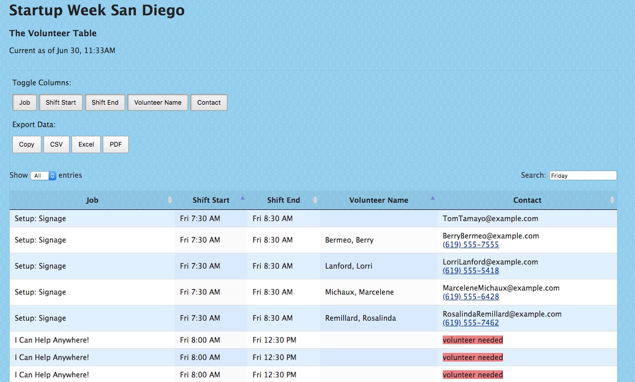 picture of the swsd volunteer calendar table site