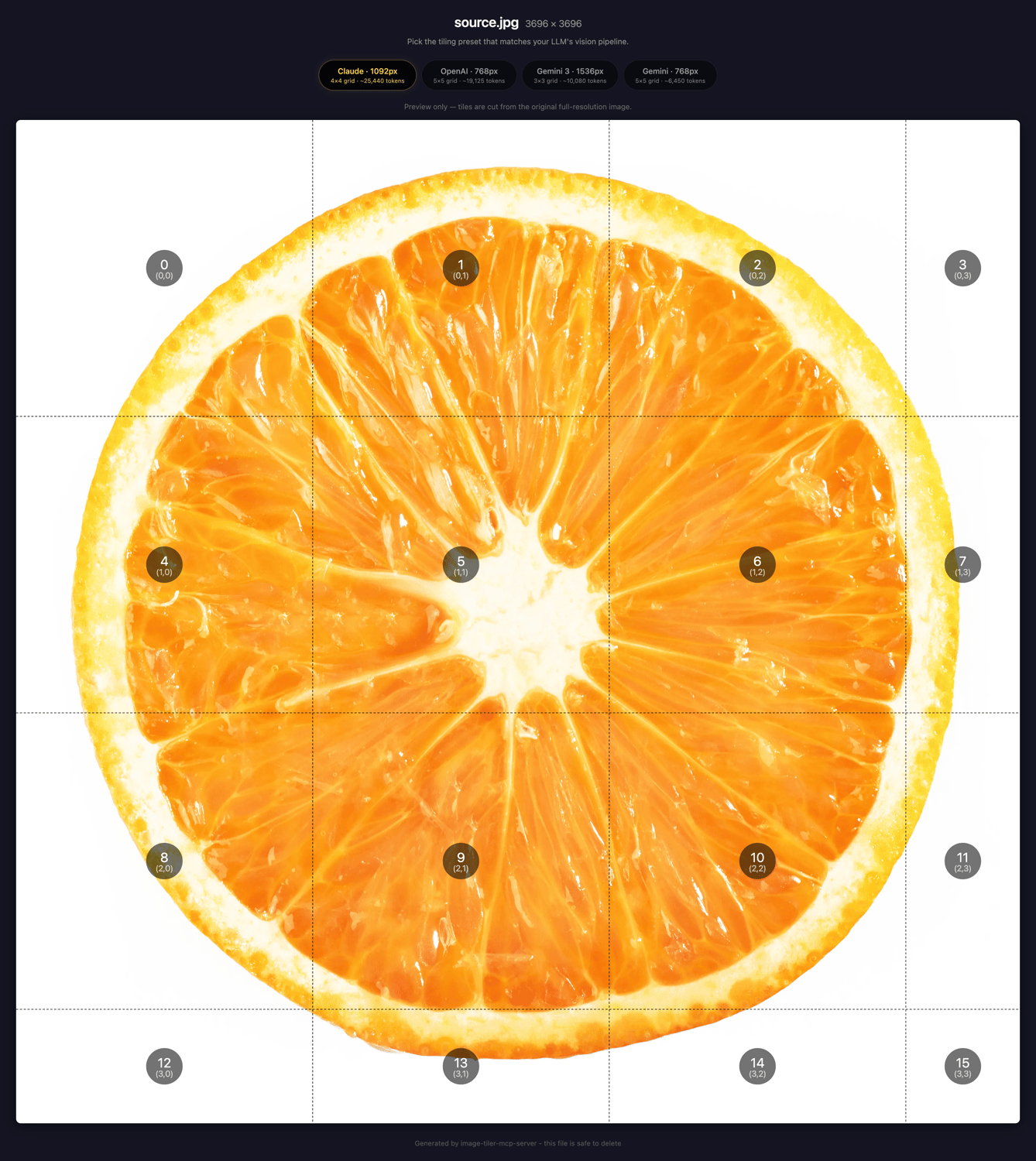 Preview of image tiling grid with advised vision models size and token estimates