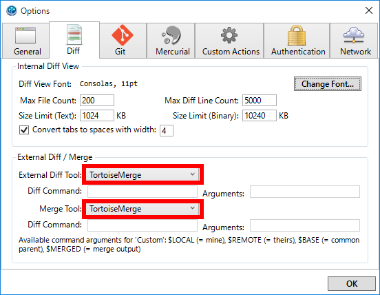Switch to TortoiseMerge in SourceTree settings dialog