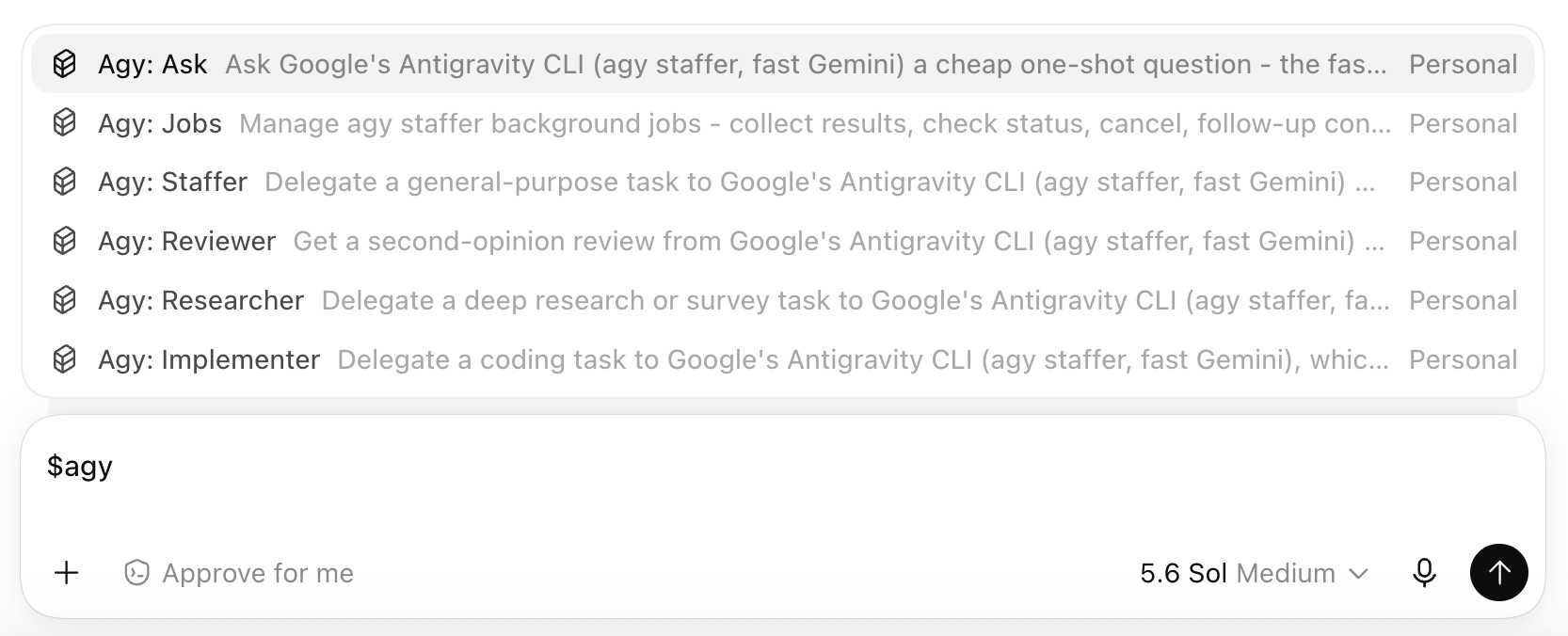 the $agy skill picker in Codex