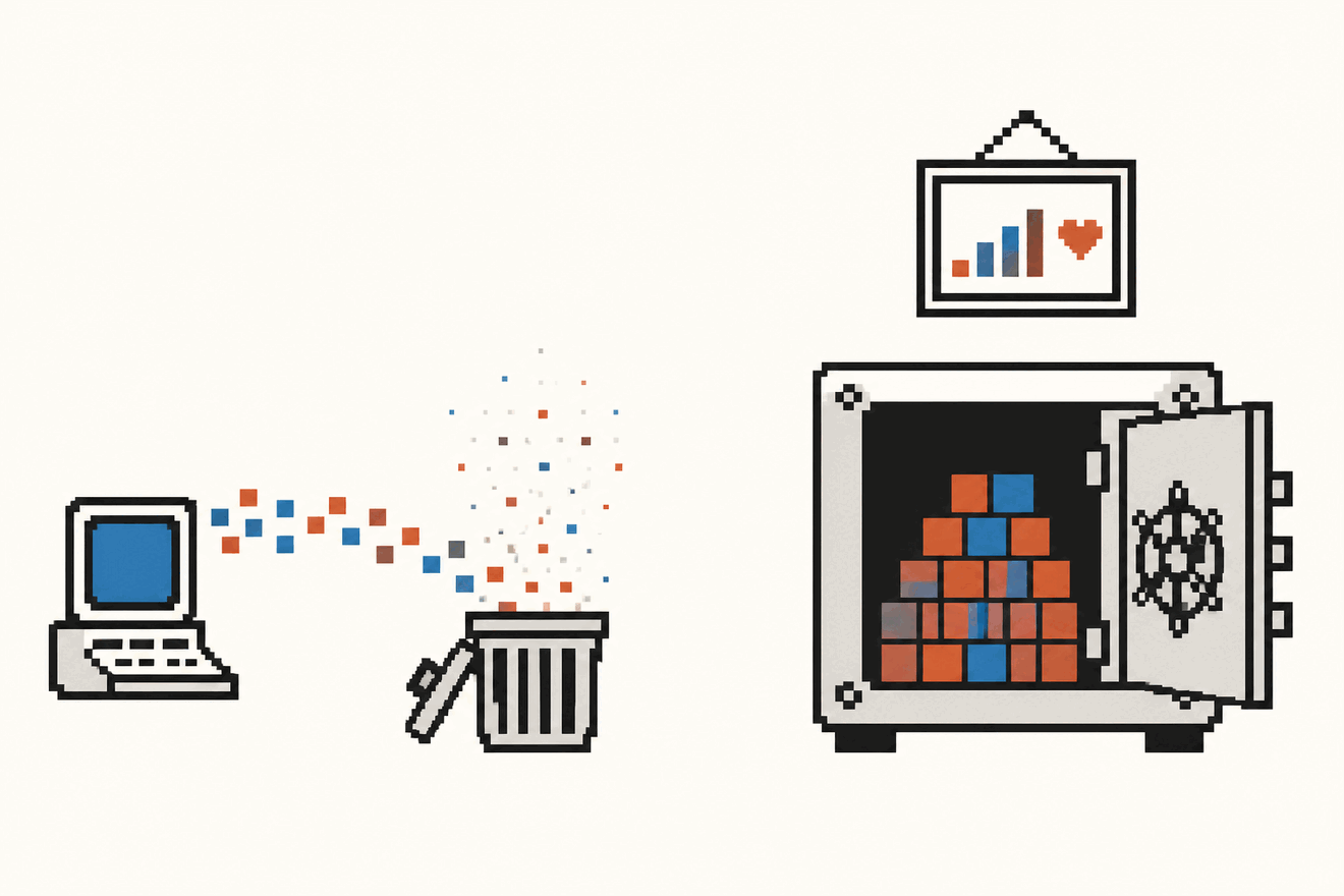Pixel illustration: on the left a terminal's token stream dissolves into a trash bin; on the right the tokens are stacked safely inside a vault, beneath a framed rising chart