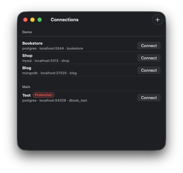 dbOSK connection list with grouped and labeled databases