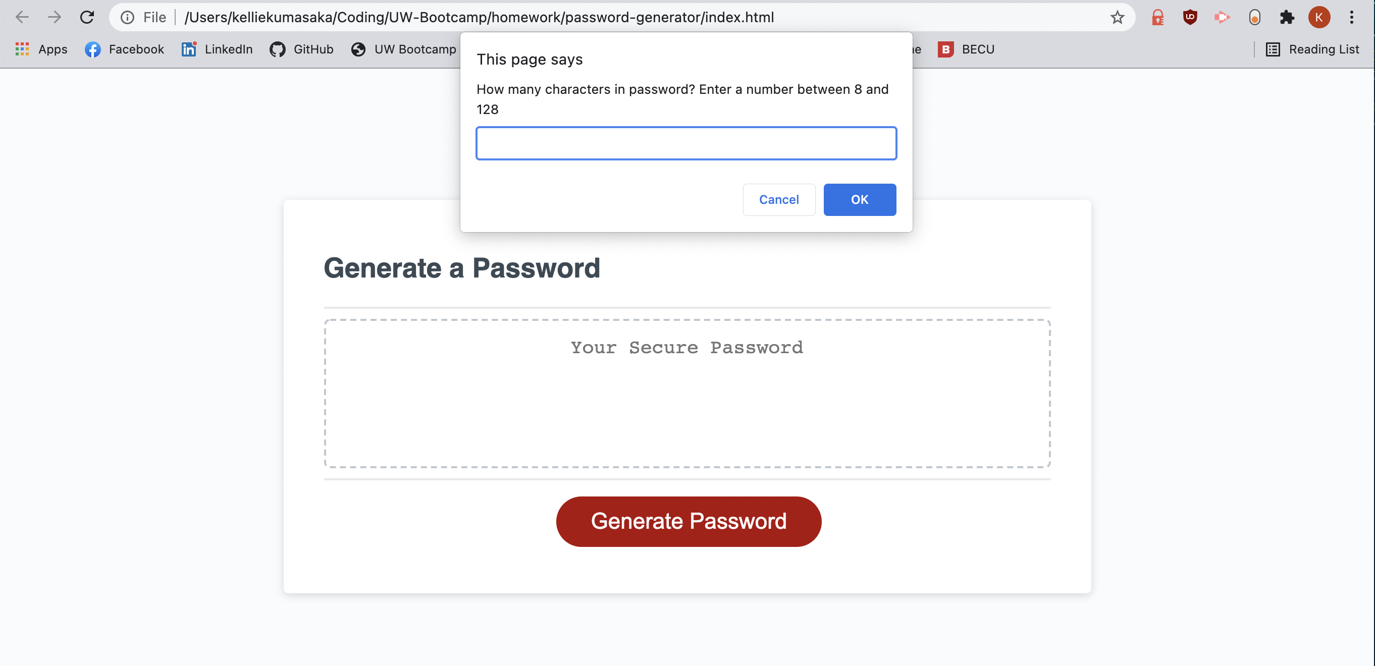 Password generator window with the question "How many characters in password? Enter a number between 8 and 128"