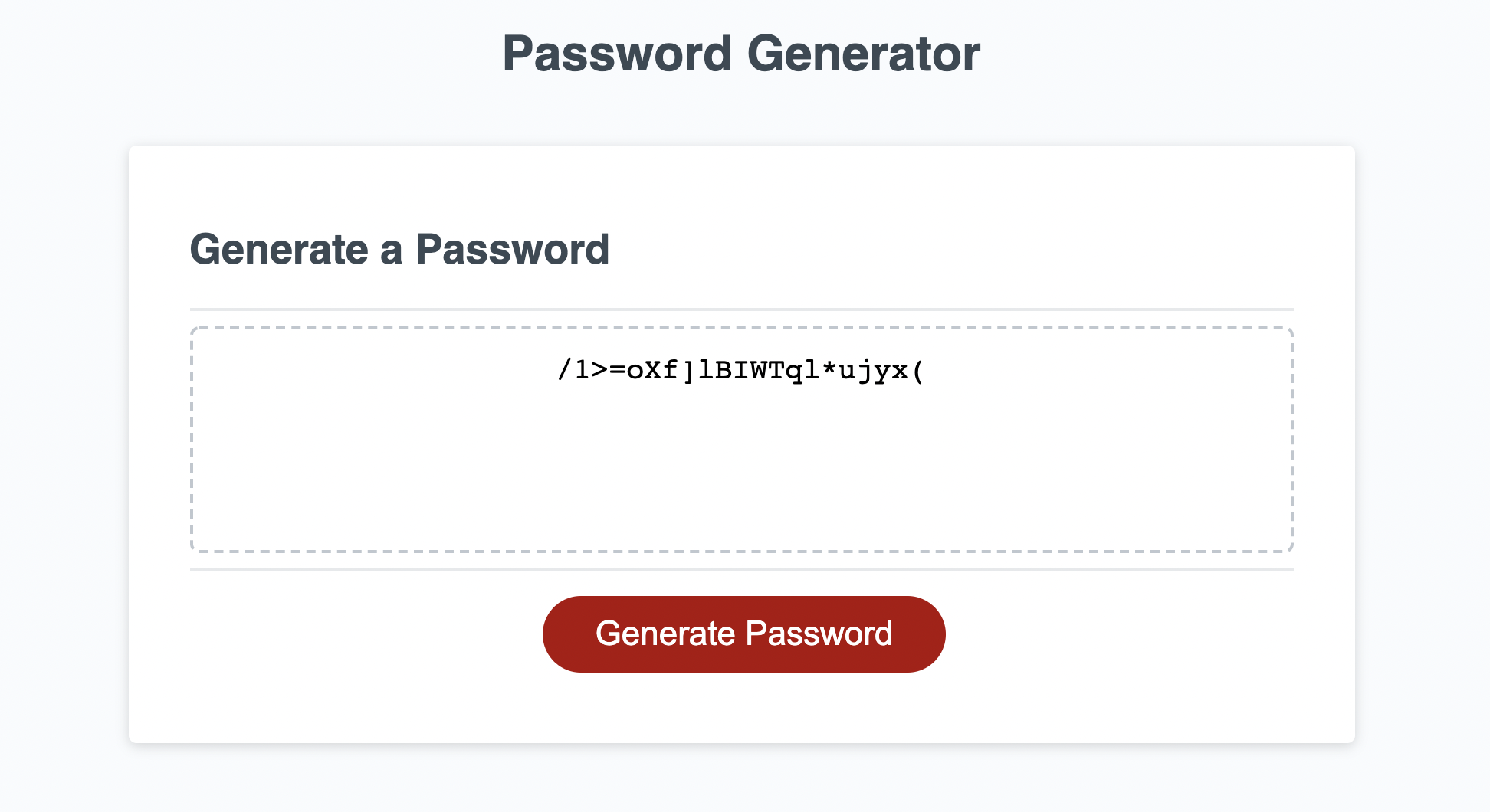 Password generator page with random password in box