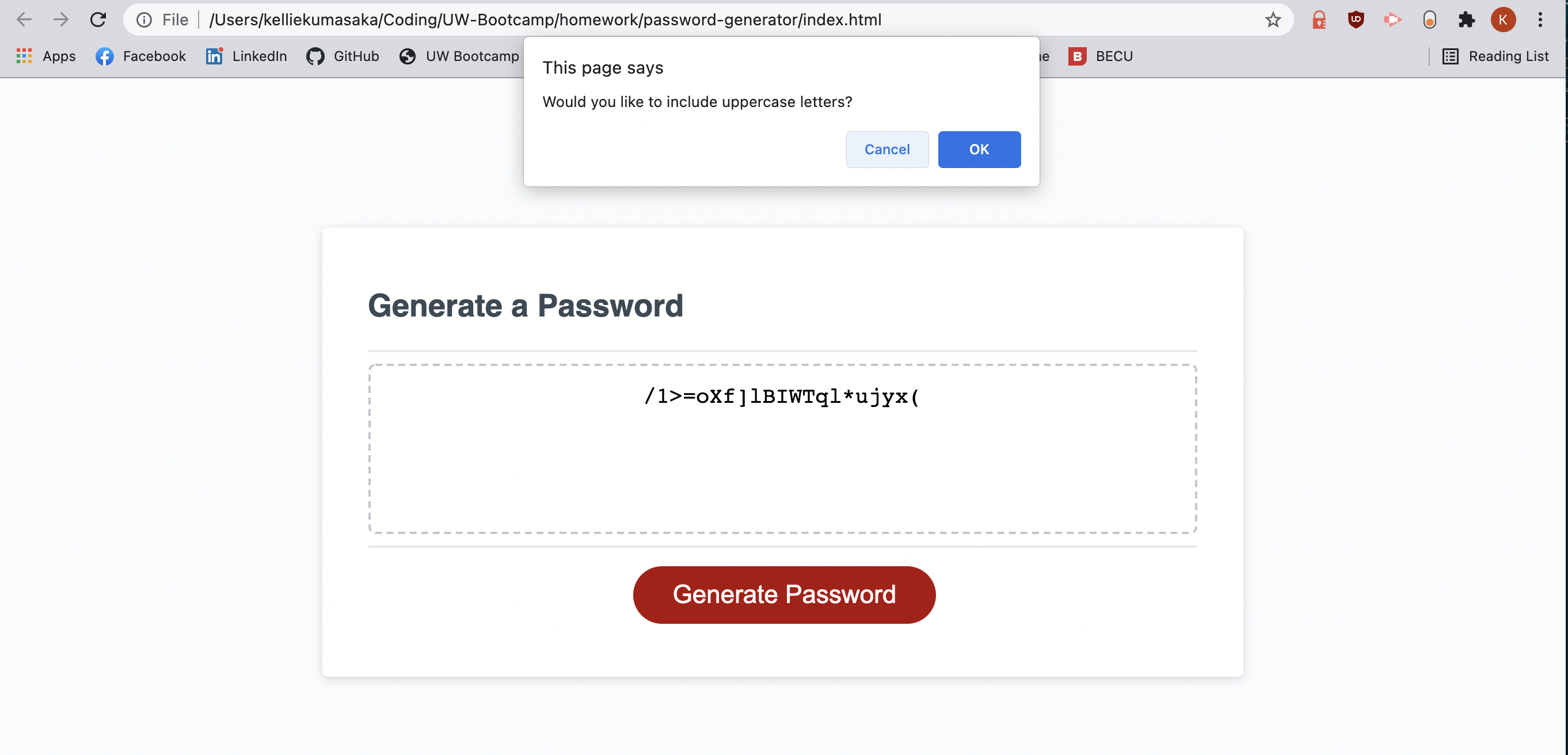 Password generator page with old password and pop up asking whether or not user wants uppercase letters
