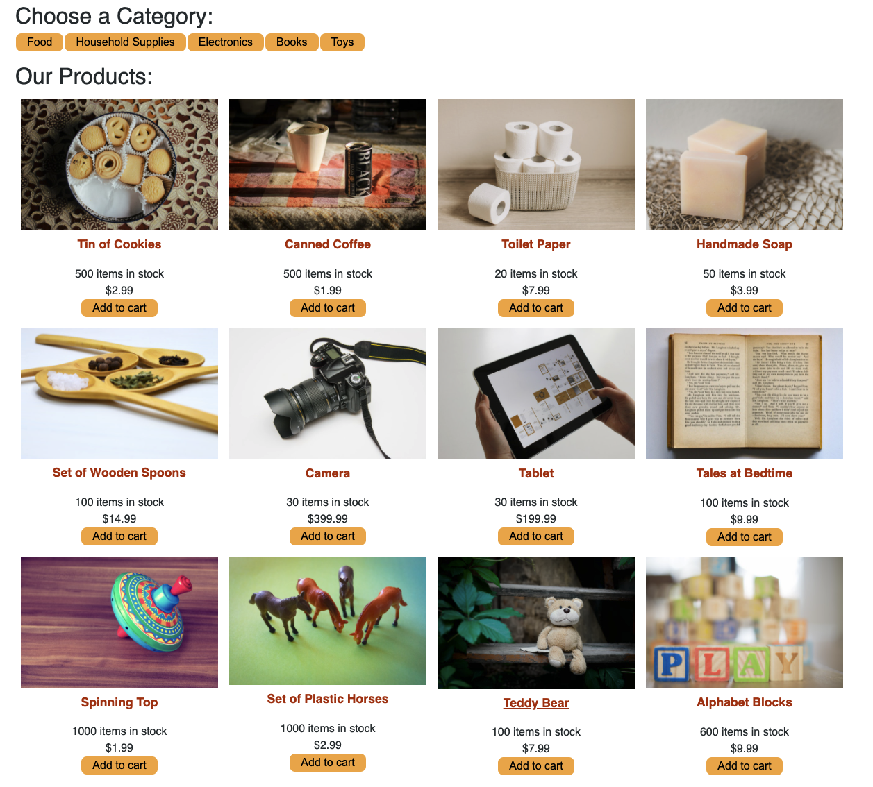 home page of the website with different products