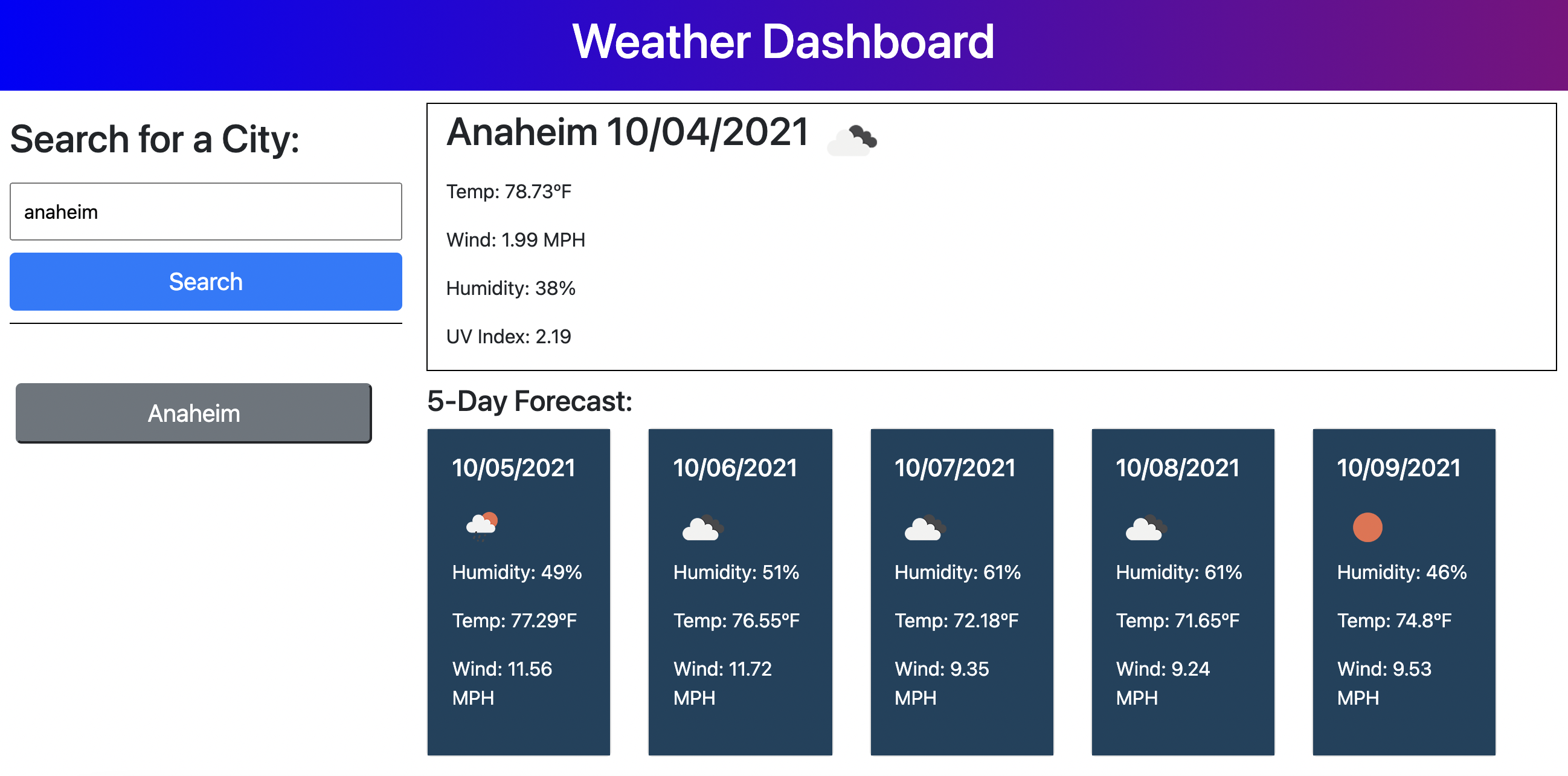 Website with weather information for Anaheim and a button labeled "Anaheim" has appeared on the side
