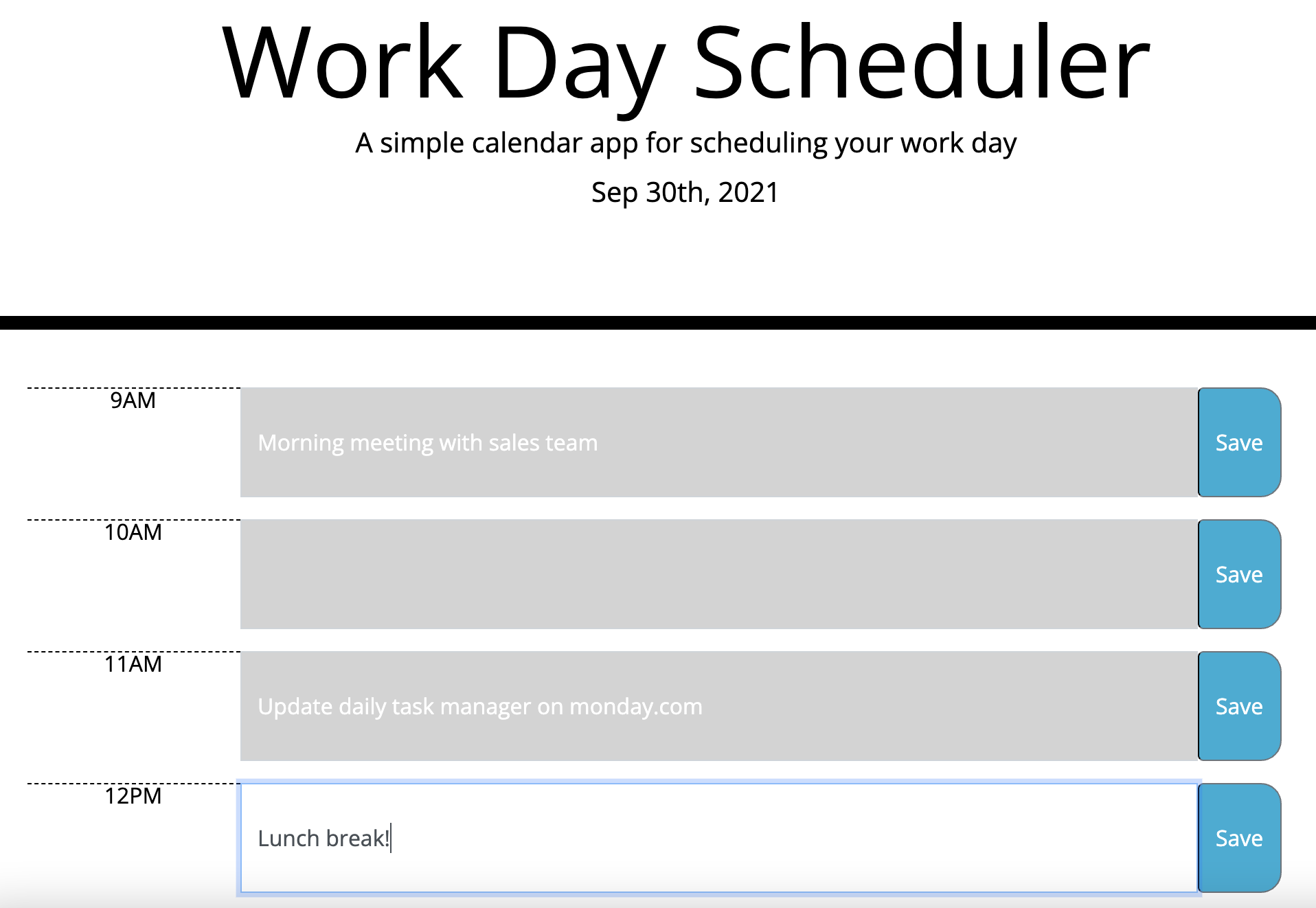 Website with gray bars and tasks inside with the captions "Morning meeting with sales team", "Update daily task manager on monday.com", and "Lunch break!