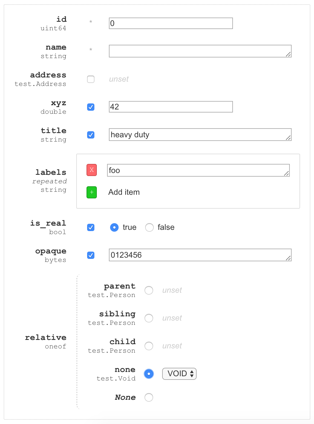 web UI message fields, with some values