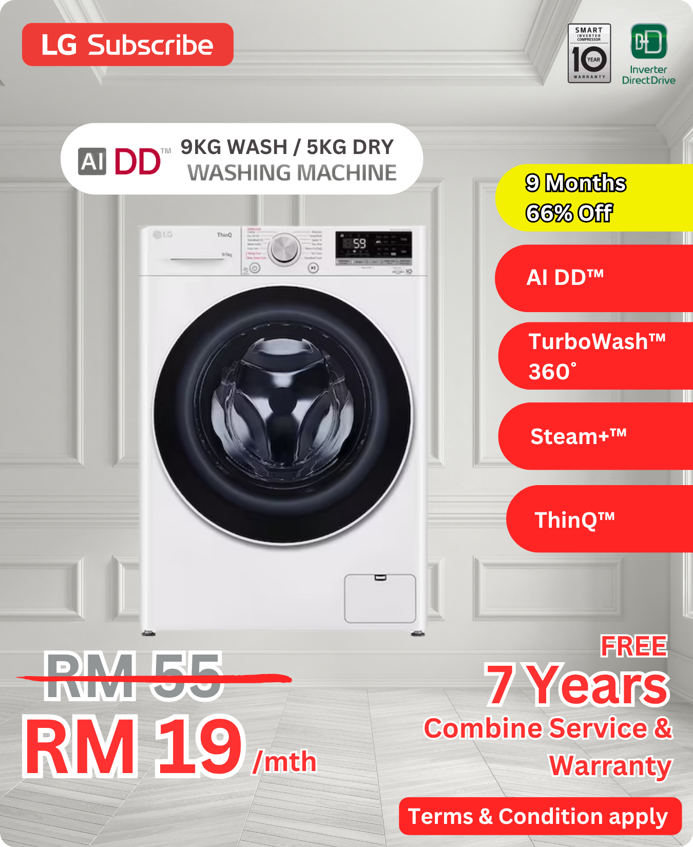 LG AI DD 9KG Wash 5KG Dry FV1209D4W