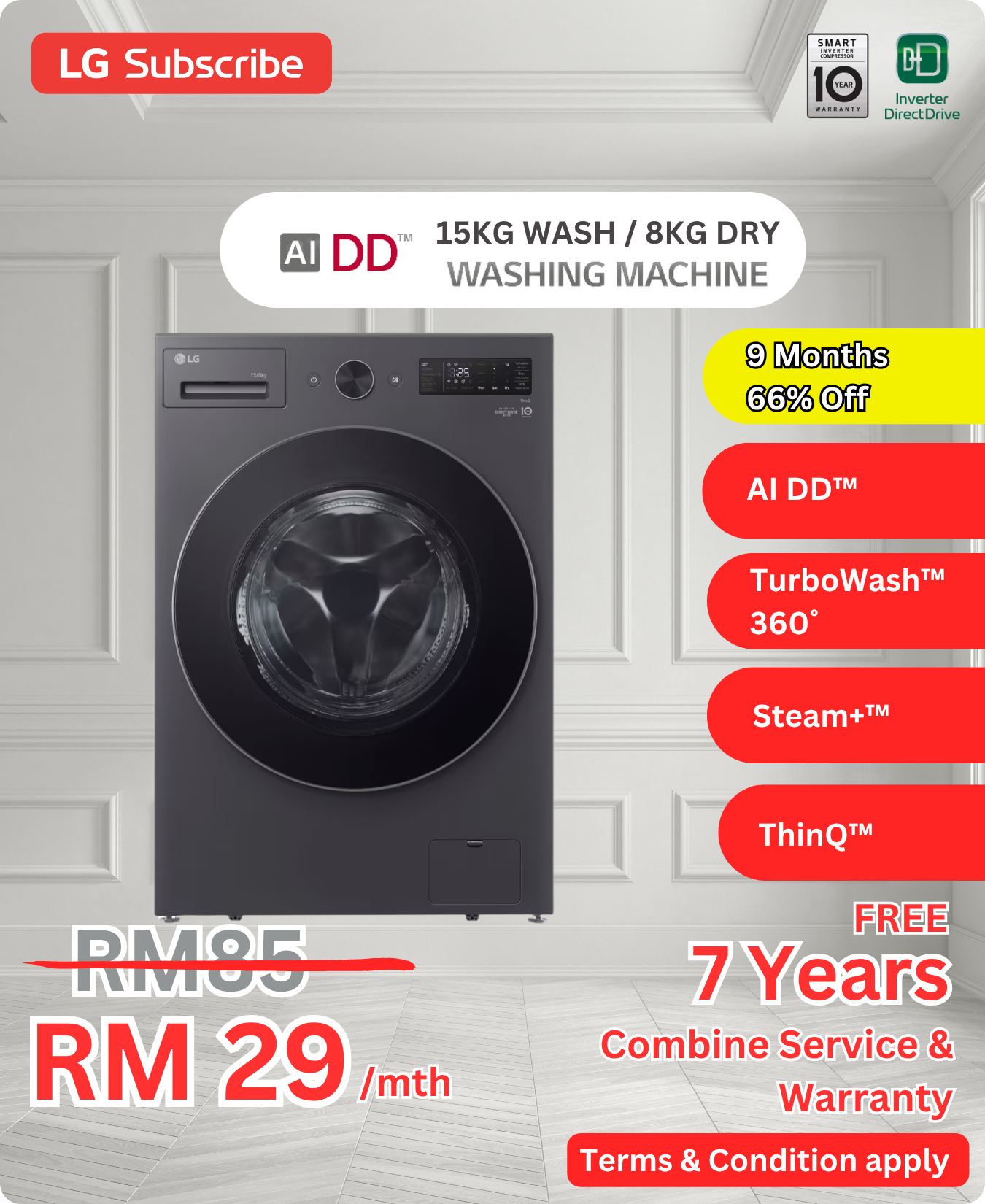 LG AI DD 15KG Wash 8KG Dry F2515RNTKAR