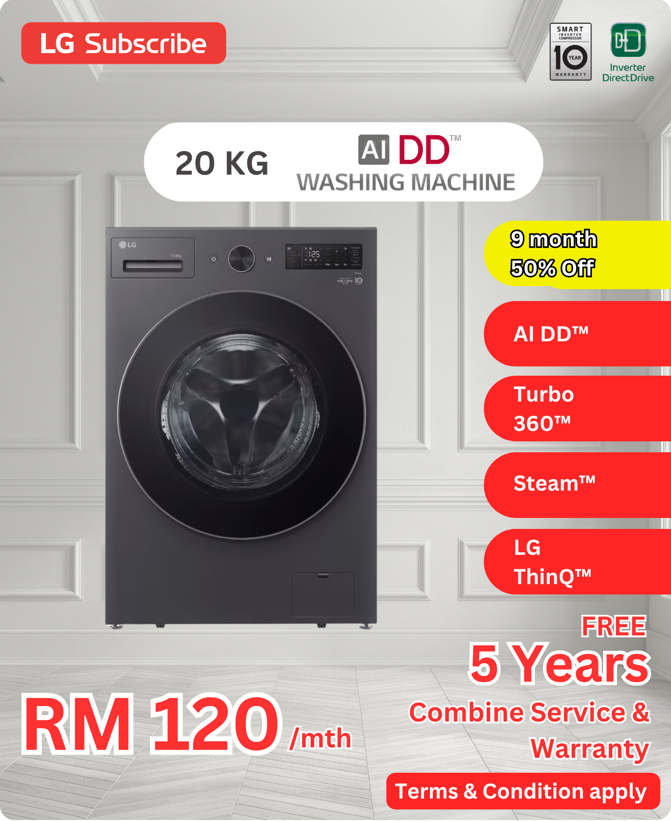 LG AI DD 20KG Washing Machine F2520SNEKR