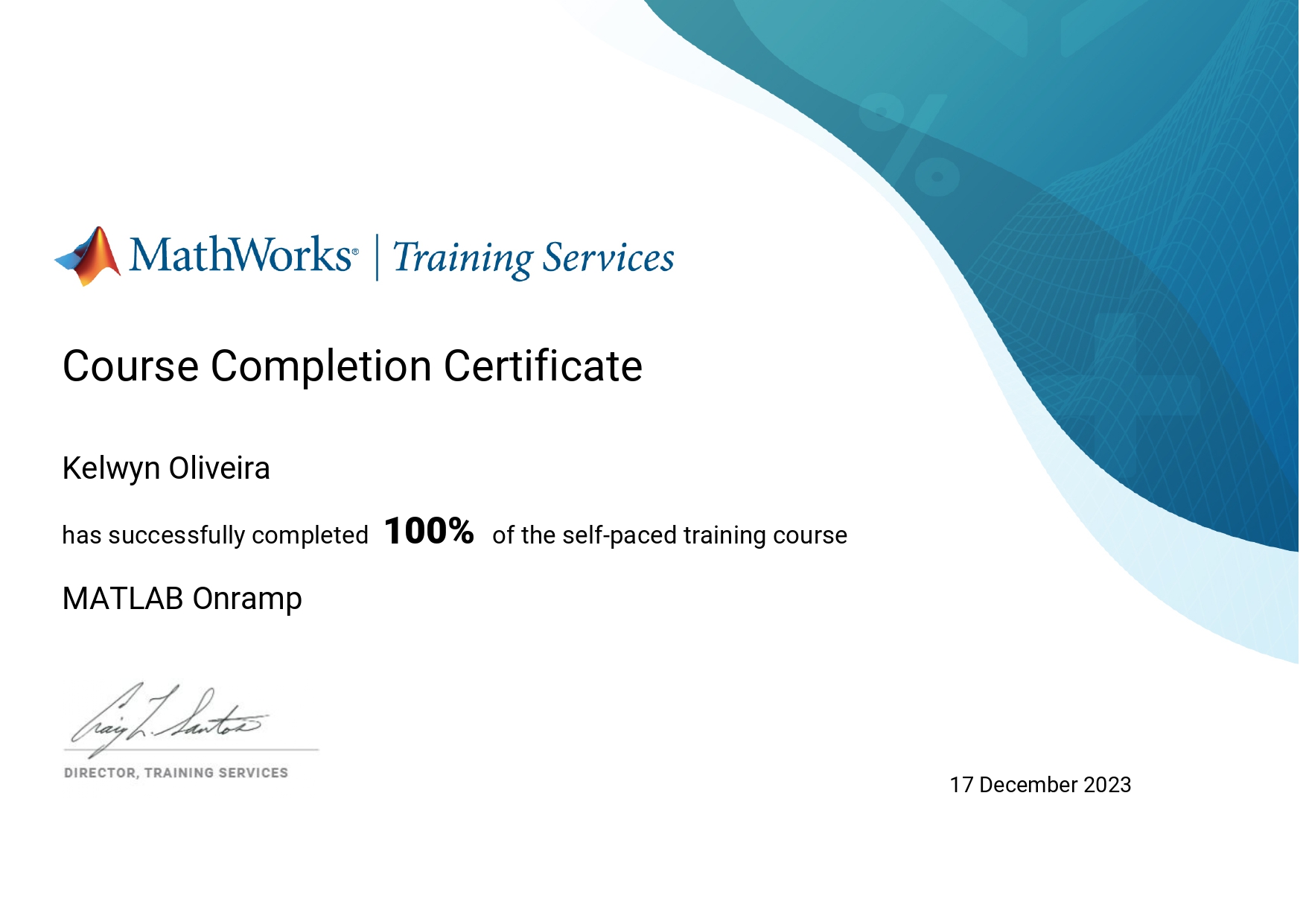 Course at MathWorks in MATLAB certificate.