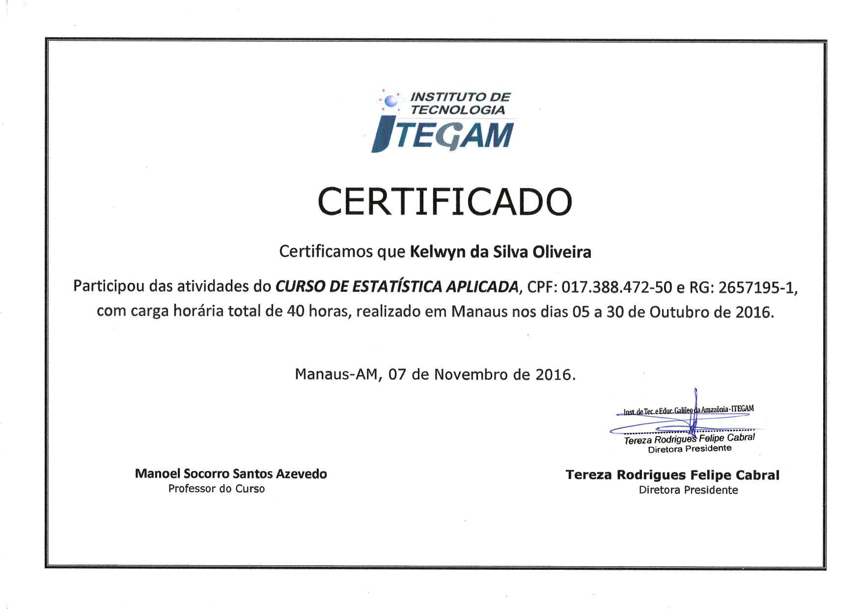 Course at ITEGAM in applied statistics certificate.