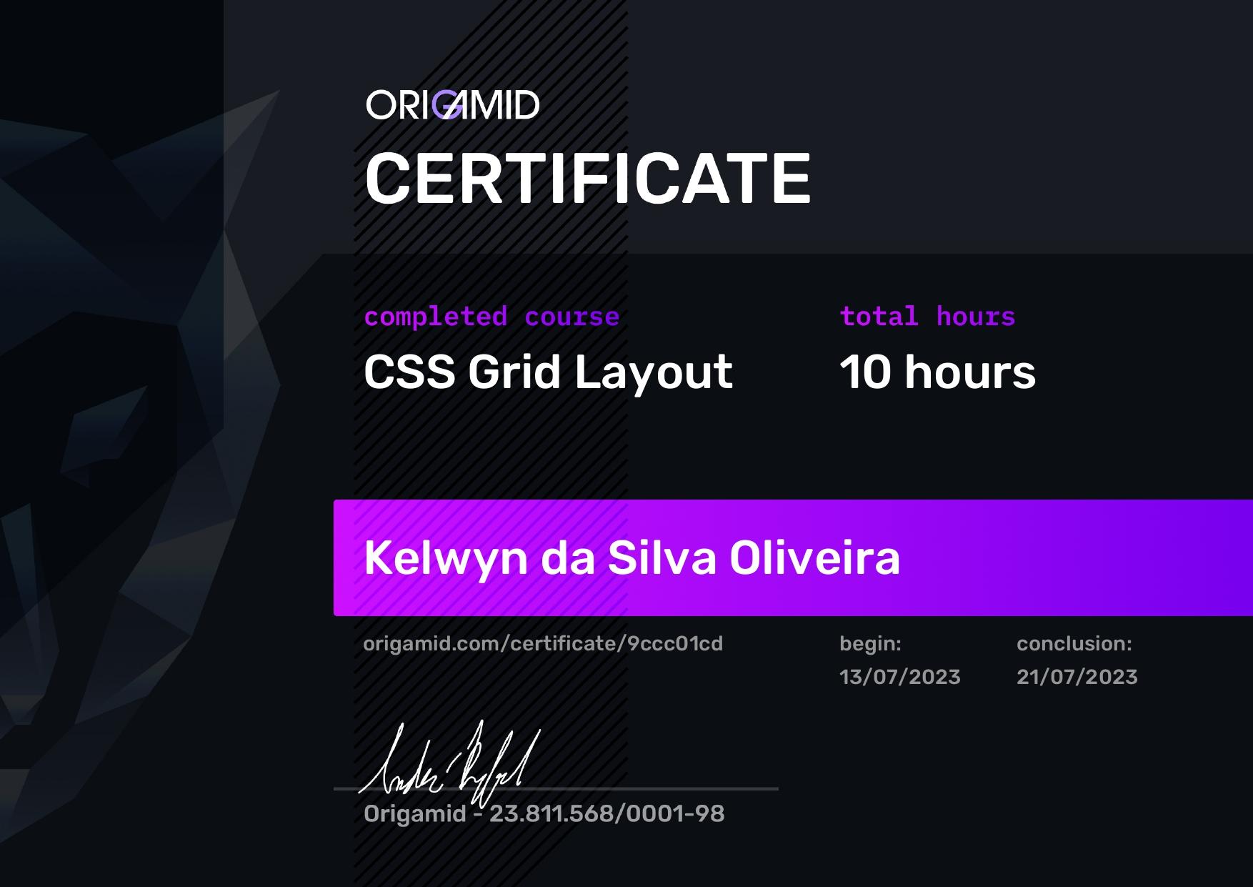 Course at Origamid in CSS Grid Layout certificate.