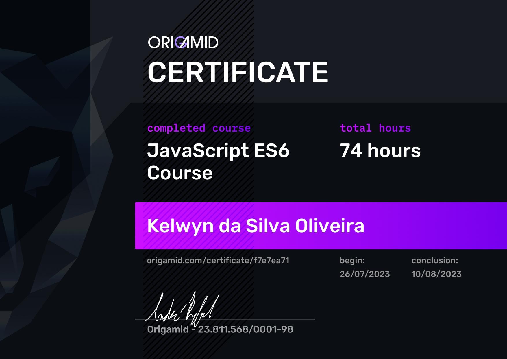 Course at Origamid in JavaScript - ES6 certificate.