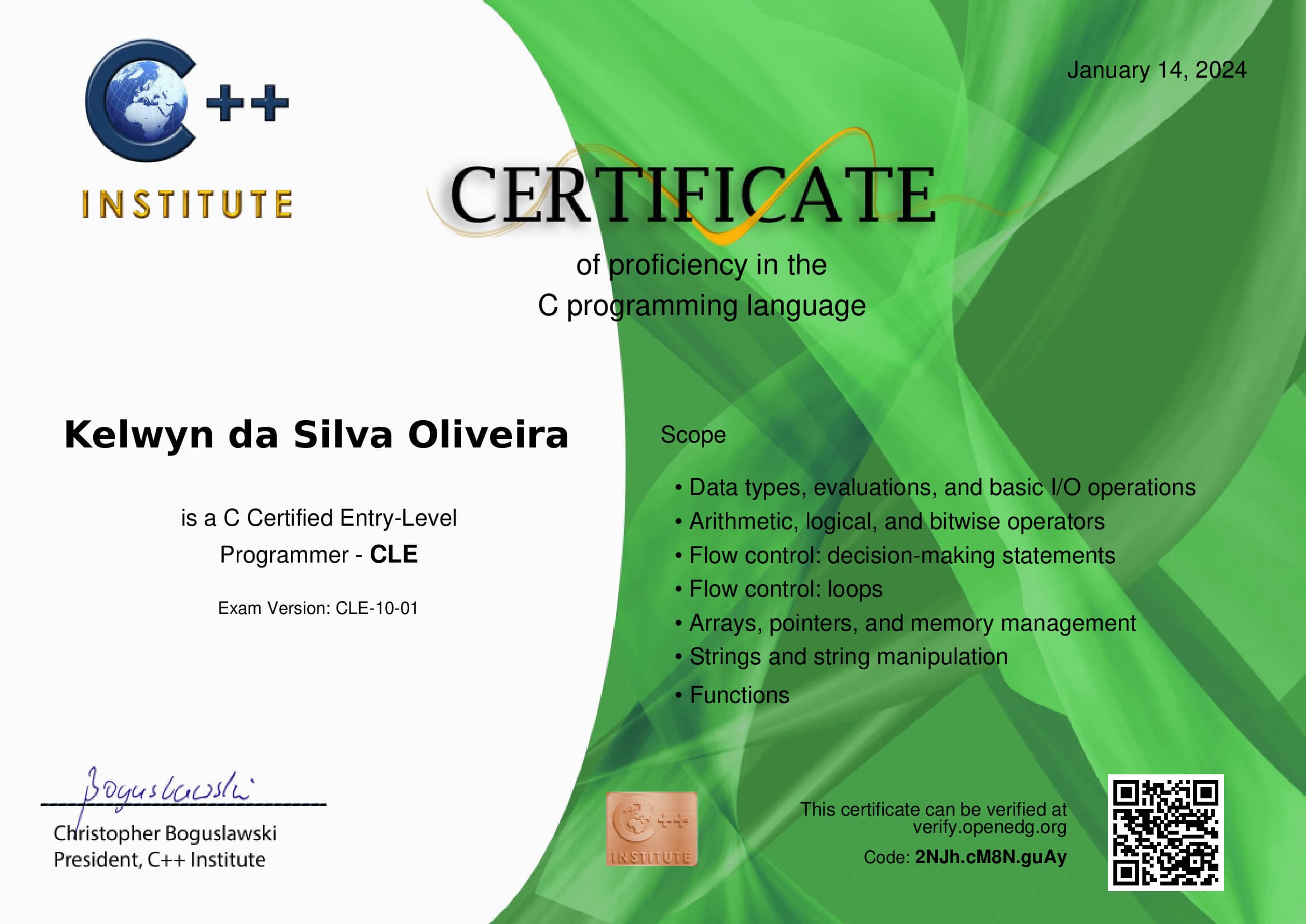 Certification in C language Entry-Level Programmer.