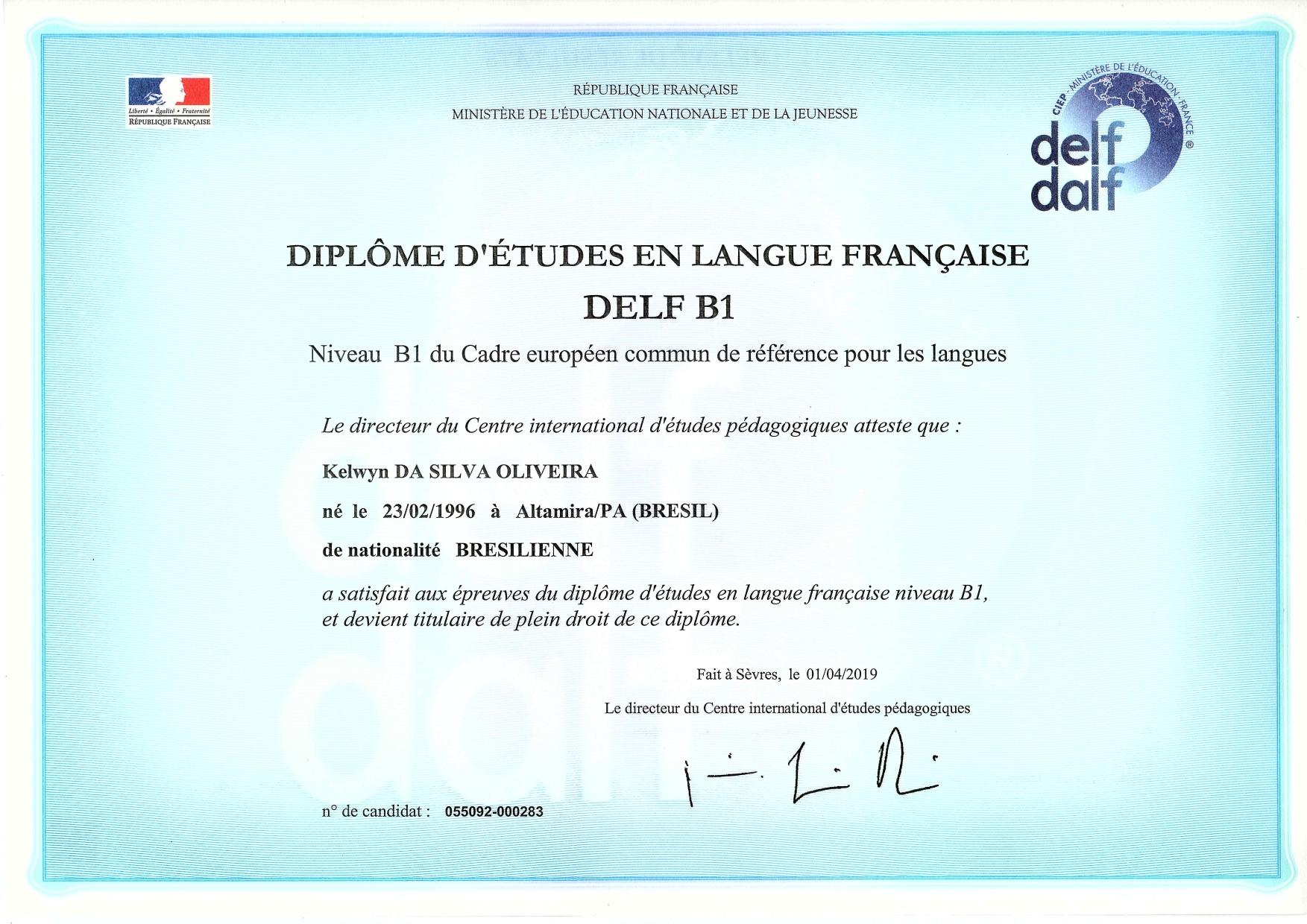 Diplôme d'Études en Langue Française (DELF) B1 certificate