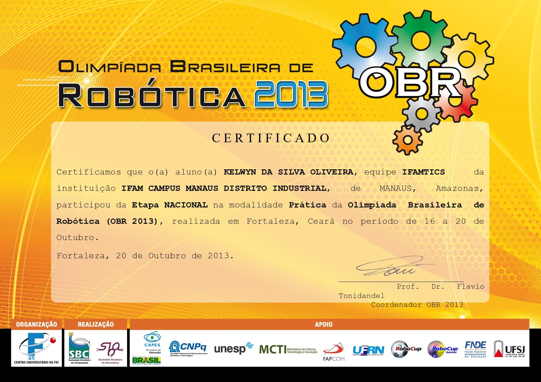 Brazilian Robotics Olympiad (OBR) 2013 certificate