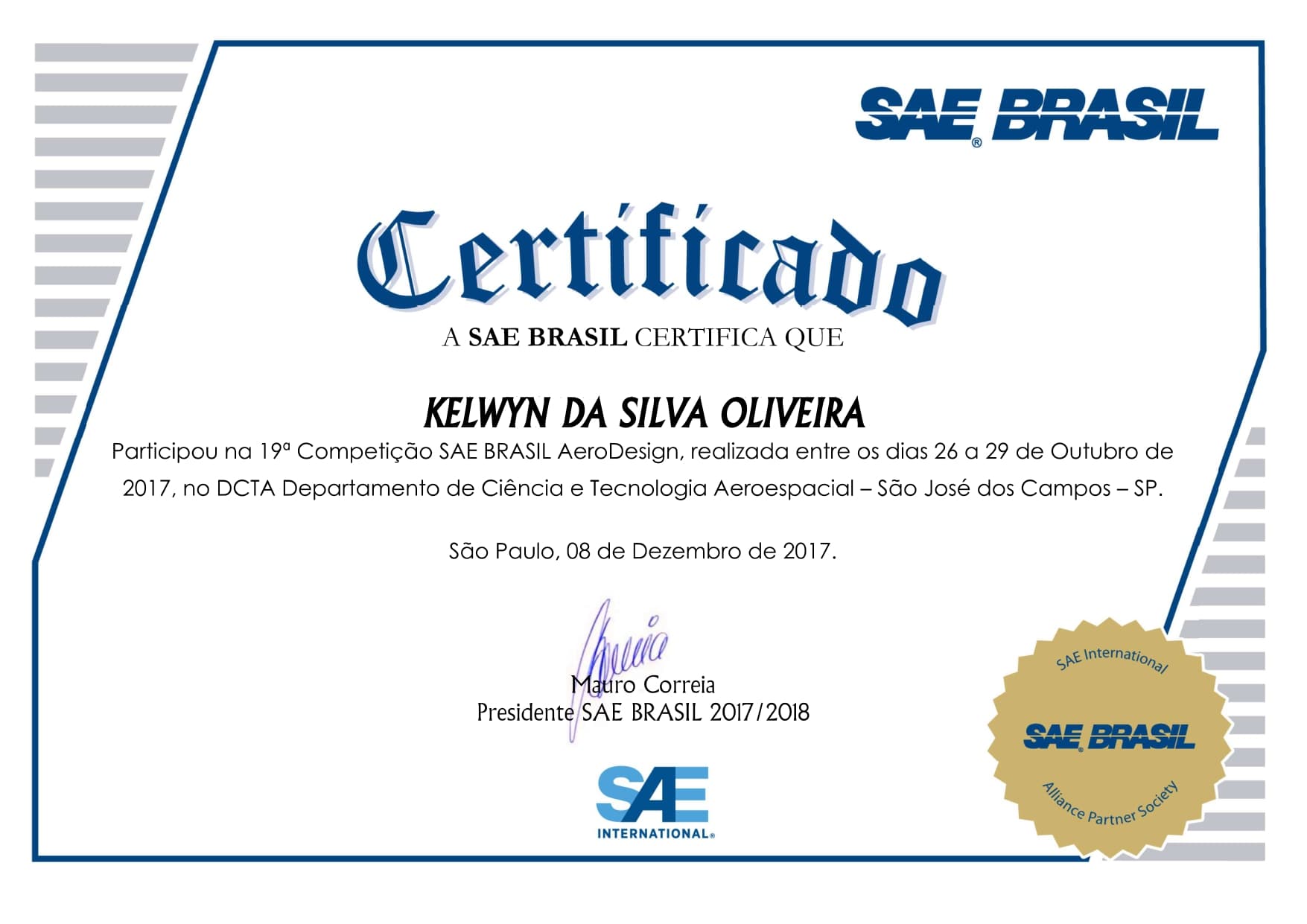 SAE Brazil Aerodesign competition certificate.