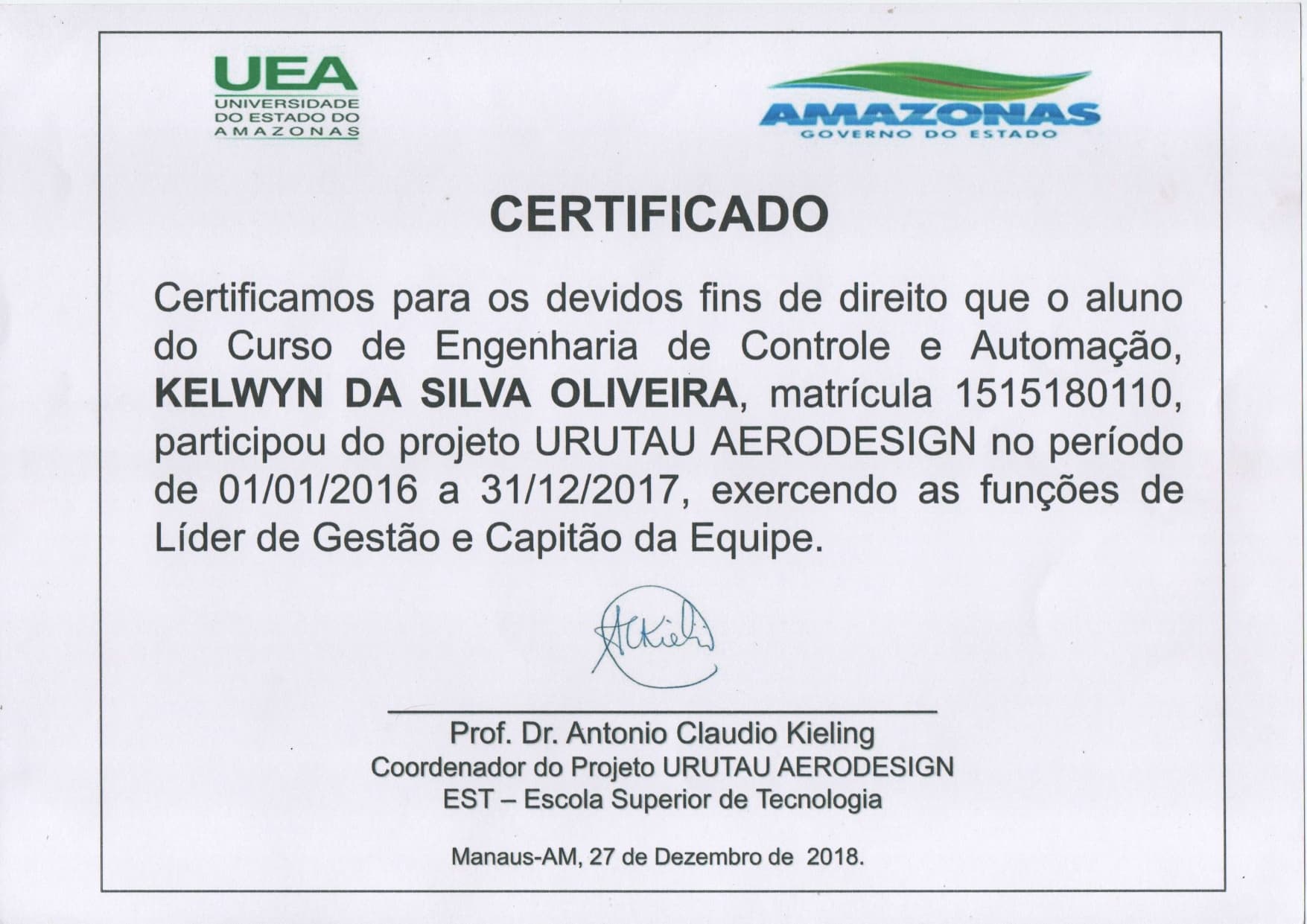 Urutau Aerodesign participation certificate.