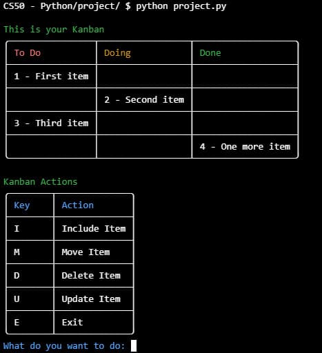 Screenshot of the command-line running the Kanpy program. It shows the Kanban board and the actions user can do.