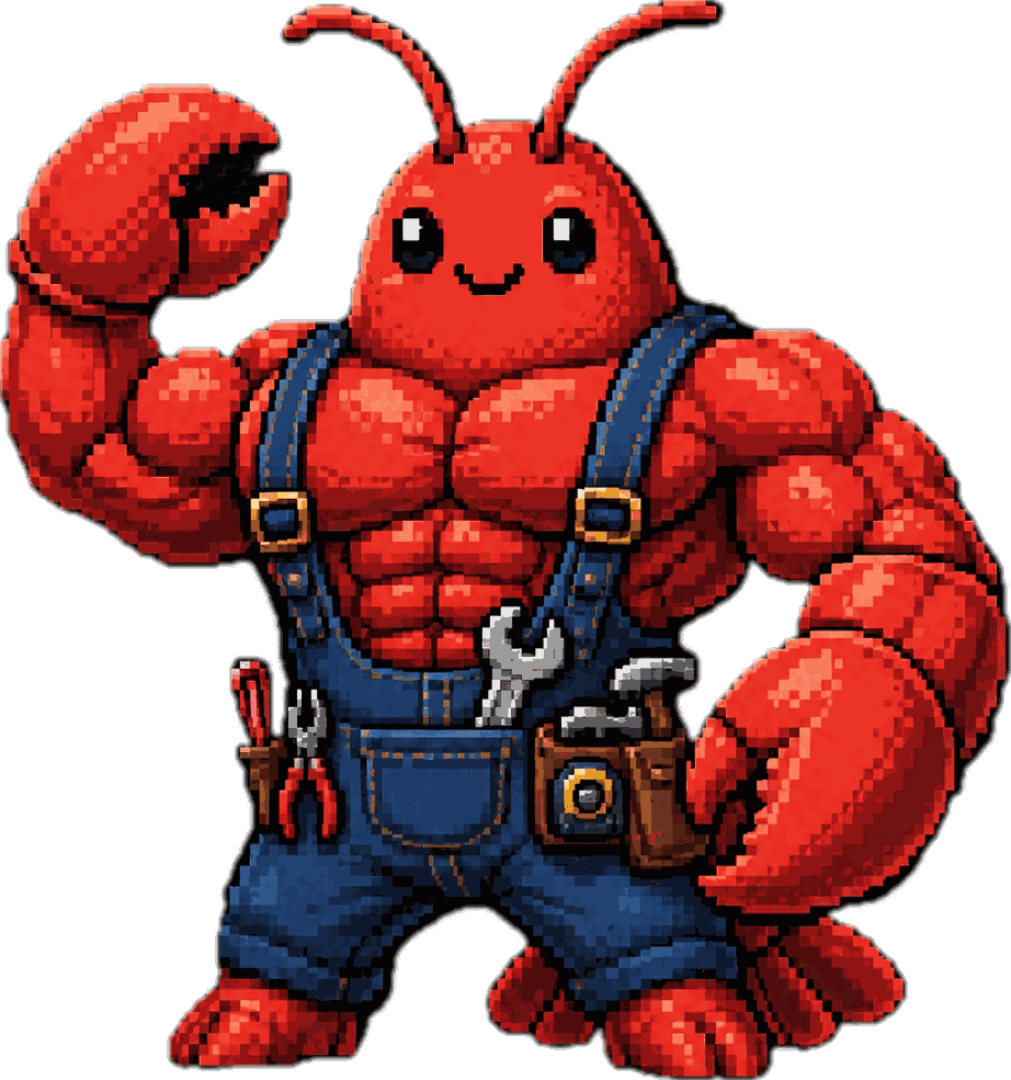 agent-connector mascot — a pixel-art lobster worker in a tool belt