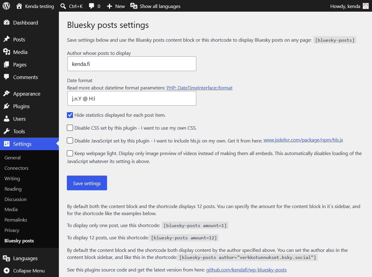 Screenshot of the settings page.