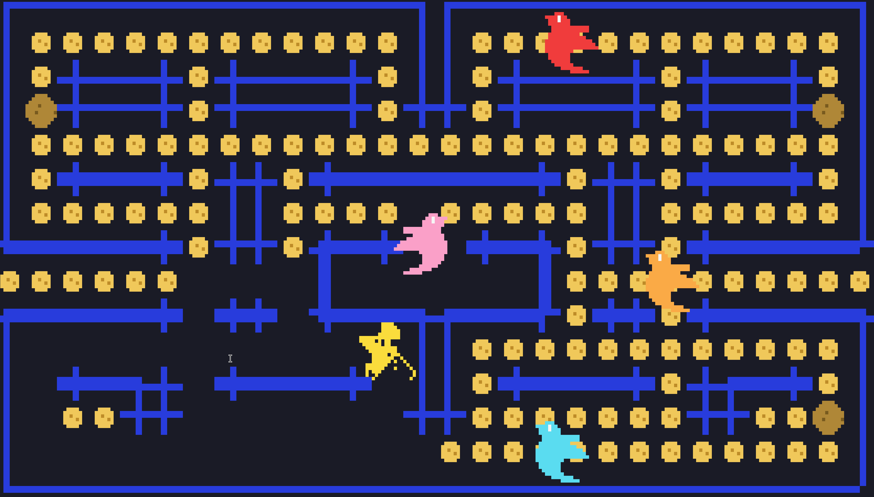 The ratman example: a yellow ratatui rat and four colored bevy birds chasing it through a blue maze studded with cheese