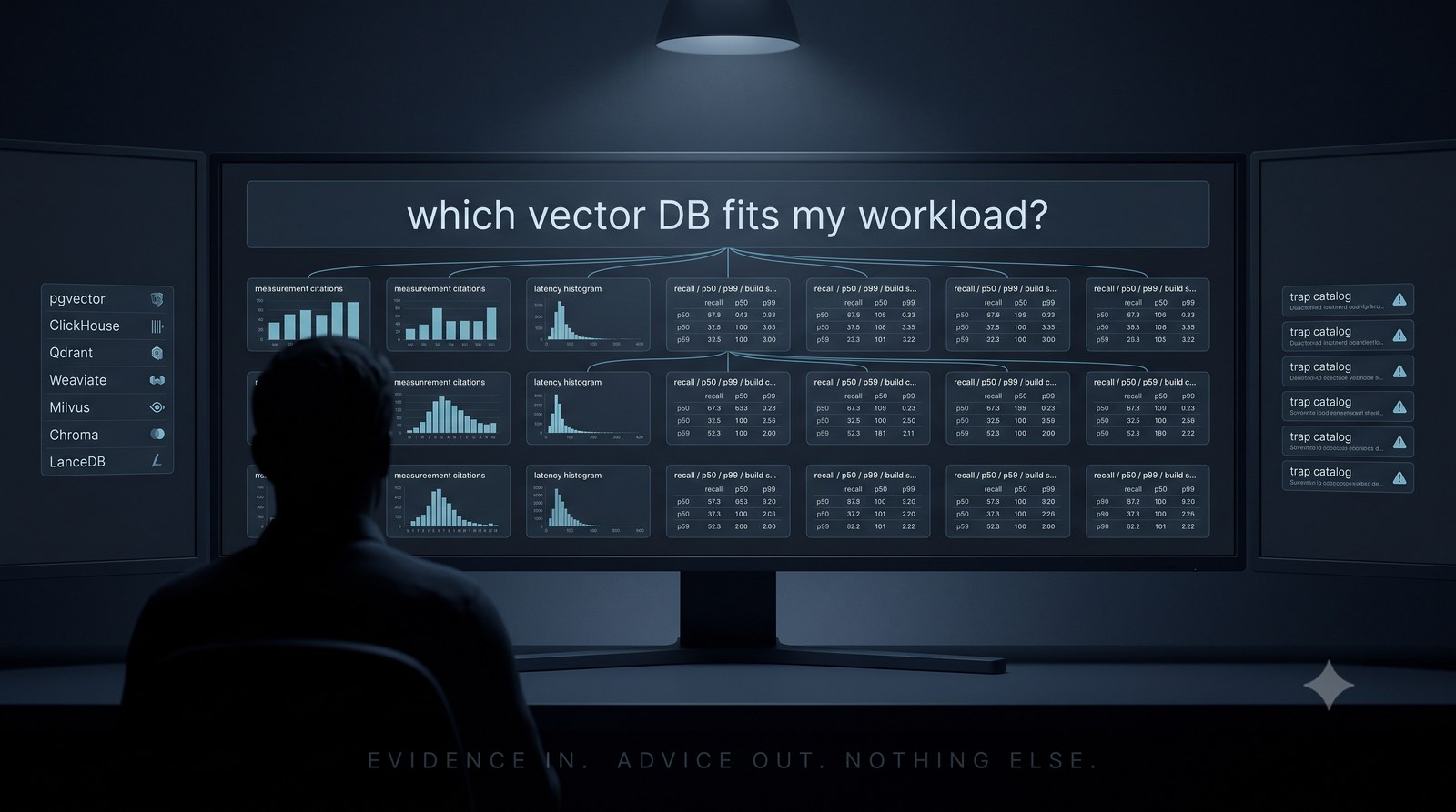 Advisor console showing the question "which vector DB fits my workload?" above a grid of measurement evidence cards, flanked by a backend list and a trap catalog, with the caption "evidence in, advice out, nothing else"