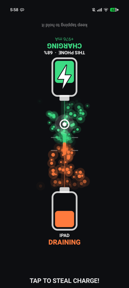 One-phone mode against an iPad: split screen, this phone charging and the iPad draining