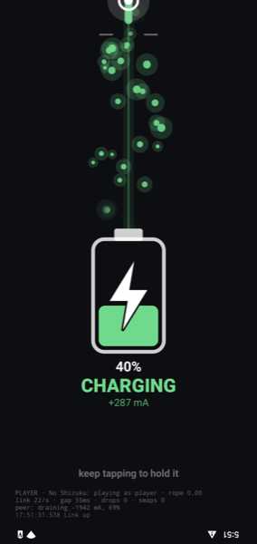 Two-phone mode: this phone is winning and charging, with energy flowing in from the cable
