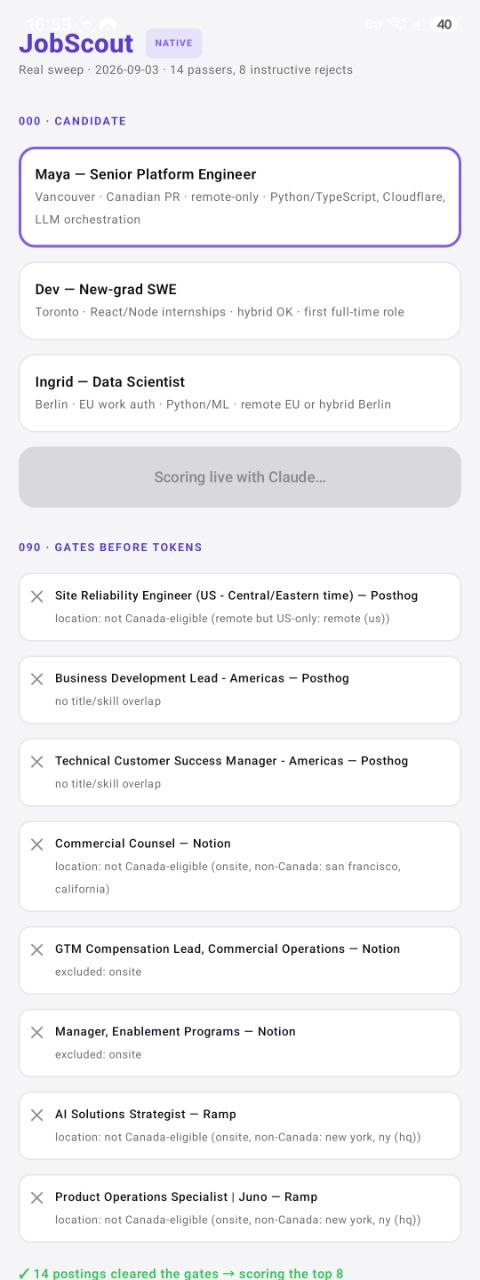 JobScout on Android — the day's real sweep streaming the eligibility gates, 14 postings cleared, scoring live