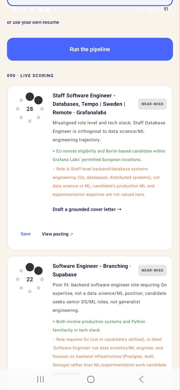 JobScout on Android — live scoring: the bearing rose lit to each fit