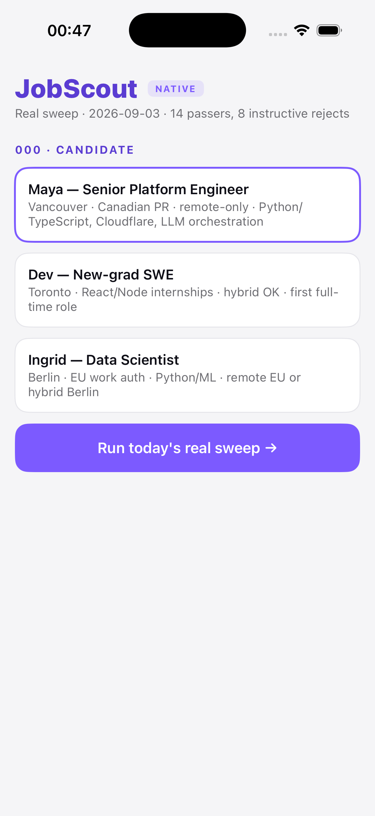 JobScout on iOS — the candidate chooser with the day's real feed loaded, captured by the CI simulator step