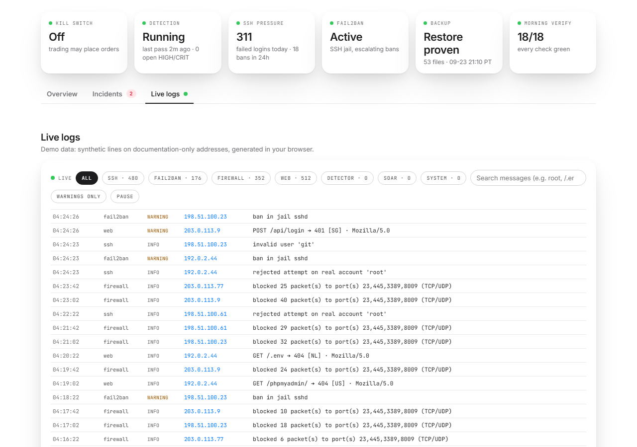 SIEM Live logs — SSH, firewall, fail2ban and web security events streaming in as they happen, with source IP and country